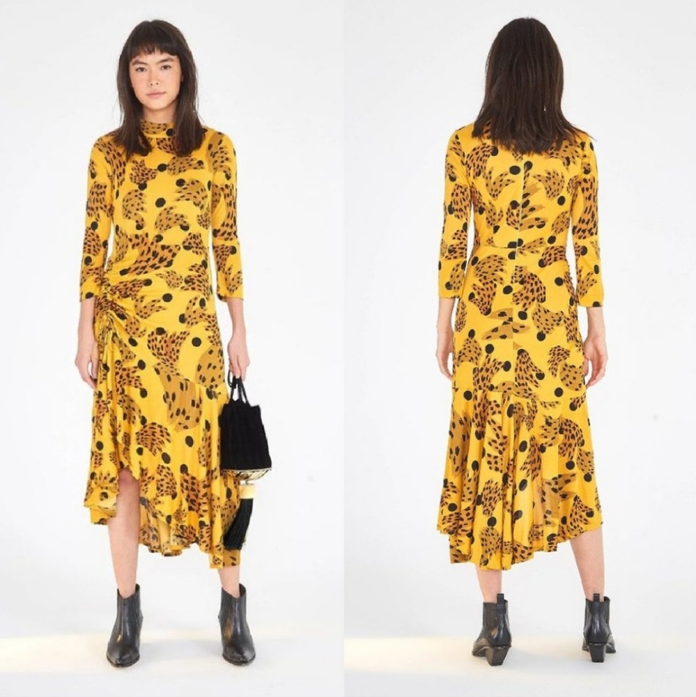 Farm Rio caramel banana brown 3/4 sleeve tassel cinch midi dress